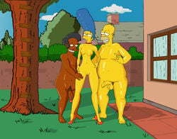 1girls 2boys apu_nahasapeemapetilon balding black_hair blue_hair breasts chubby dark-skinned_male erect_nipples fat_man female flaccid hairy_balls half-erect high_heels homer_simpson imminent_sex imsmexyftw interracial large_penis long_foreskin male marge_simpson mature_female milf mustache naked_footwear naked_heels nipples no_pubic_hair nude partially_retracted_foreskin penis_size_difference public_nudity pussy straight the_simpsons threesome uncut yellow_skin