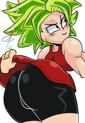 1girls ass big_ass bike_shorts black_eyes black_panties blush buff closed_mouth dragon_ball dragon_ball_super embarrassed enf female female_only green_hair hips ican-t-get-no-satisfaction kale kale_(berserker) legendary_super_saiyan looking_to_the_side muscles pussy saiyan shiny_skin skirt skirt_up solo solo_focus super_saiyan super_saiyan_2 thick_legs thick_thighs view_inside