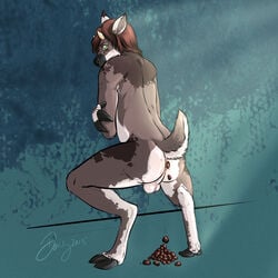 anthro anus backsack balls biped cervine crouching doves feces fur gale_(stilledfox) hair looking_at_viewer looking_back male mammal nude raised_tail rear_view scat scat signature