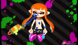 anthro bangs cephalopod cephalopod_humanoid facial female flat_chest full_body humanoid inkling inkling_girl kaori_(splatoon) mask_(marking) nintendo no_panties pointy_ears pussy shorts sitting smile solo splatoon splatoon_2 splattershot squid tentacle tentacle_hair topless torn_clothes young zy0n7