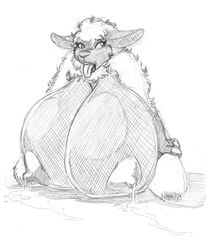 2017 anthro big_breasts breasts caprine drawn erect_nipples female greyscale hanging_breasts huge_breasts lactating looking_at_viewer mammal molly_mcalister monochrome nipples nude sheep sketch solo wolfkidd