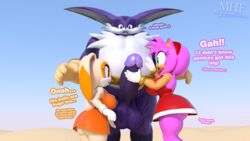 1boy 2girls 2girls1boy amy_rose ass balls beach big_balls big_penis clothed clothing cream_the_rabbit dialogue female group handjob male moorsheadfalling partially_clothed penis seaside sex sonic_(series) straight team_rose text