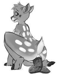 anthro anus beau_(stilledfox) blush breasts cervine crouching embarrassed feces female greyscale heart humanoid_pussy looking_back mammal monochrome nude pussy rear_view scat scat semi-anthro shy simple_background solo white-tailed_deer white_background yin738