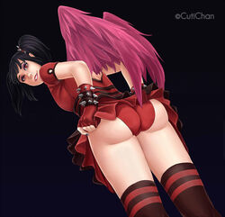 alternate_costume asian_mythology ass black_hair cameltoe chinese_mythology cuti-chan female female_only fingerless_gloves from_behind hi-rez_studios jing_wei_(smite) looking_at_viewer mini_metal_jing_wei mythology notcuti panties red_eyes red_lipstick red_panties skirt_lift smite spiked_bracelet thighhighs twintails wings