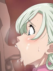 :>= blue_eyes blush breath censored dark-skinned_male elizabeth_liones fellatio female from_side green_hair head_only heavy_breathing highres long_hair looking_at_another mosaic_censoring nanatsu_no_taizai nose oral out_of_frame penis saliva simple_background solo_focus standing tears tei_hanpatsu_purin