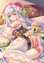 areolae ass bed bed_sheet bedroom between_breasts blush bow bra braid breast_press breasts buckle chains cleavage come_hither corset diera_(sennen_sensou_aigis) female female_only flower flower_ornament garter_belt garter_straps gem gold_chain green_eyes green_ribbons green_skirt hair_flower hair_ornament hairbow hat headboard jewelry lace lace_bra lace_panties large_breasts lifted_by_self lingerie long_hair looking_at_viewer lying makirin necklace nipples on_side open_mouth panties petals pink_bra pink_panties presenting pussy ribbon sennen_sensou_aigis shadow sheer_panties skirt skirt_lift stockings sunset thick_thighs thighhighs underwear undressing very_long_hair white_hair yellow_flower yellow_ribbon