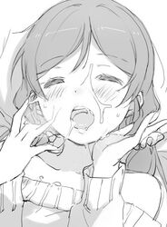 ^_^ bare_shoulders closed_eyes closed_eyes collarbone cum deyuuku facial female greyscale hair_ornament hair_scrunchie hands_up heavy_breathing long_hair long_sleeves love_live! love_live!_school_idol_project monochrome off-shoulder_sweater open_mouth scrunchie sketch solo sweater tongue toujou_nozomi twintails upper_body