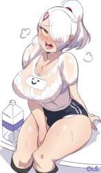 1futa andrea_vaeyl big_breasts blush breasts bulge cleavage futa_only futanari hair_over_one_eye huge_breasts intersex large_breasts lightsource lingerie looking_at_viewer original see-through solo white_hair white_panties yellow_eyes