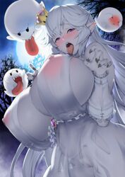 areolae black_nails blush boo_(mario) boosette breasts brooch cation cleavage covered_navel covered_nipples covering_face crown dress drooling eyebrows_visible_through_hair female fingernails fog full-face_blush ghost_pose huge_breasts ion_(cation) jewelry large_areolae long_hair long_tongue looking_at_viewer luigi's_mansion mario_(series) mini_crown moon nail_polish new_super_mario_bros._u_deluxe night night_sky nintendo nipples open_mouth pale_skin pointy_ears pubic_hair purple_eyes pussy pussy_juice saliva saliva_trail see-through sharp_fingernails sharp_teeth sky smile super_crown sweat teeth tongue tongue_out tree very_long_hair white_hair