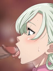 blue_eyes blush breath censored dark-skinned_male elizabeth_liones fellatio female from_side green_hair head_only heavy_breathing highres licking long_hair looking_at_another mosaic_censoring nanatsu_no_taizai nose open_mouth oral out_of_frame penis simple_background solo_focus tei_hanpatsu_purin tongue tongue_out