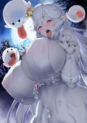 boo_(mario) boosette breasts bursting_breasts cation cleavage crown dress gigantic_breasts huge_breasts long_hair long_tongue luigi's_mansion mario_(series) moon new_super_mario_bros._u_deluxe night nintendo nipple_bulge pointy_ears see-through sharp_nails sharp_teeth super_crown tongue_out