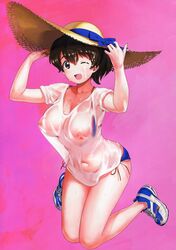 a1 bikini bikini_pull blue_bikini blush breasts brown_eyes brown_hair collarbone female girls_und_panzer hat highres koyama_yuzu large_breasts nipples one_eye_closed open_mouth pink_background see-through simple_background smile solo straw_hat swimsuit swimwear wet wet_clothes