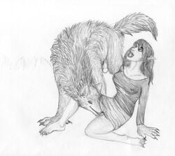 anthro arania canine claws clothing female human licking male mammal nipple_bulge open_mouth penis pointy_ears sketch skirt smile tongue tongue_out transformation were werewolf wolf