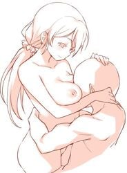 1boy between_breasts breasts collarbone deyuuku faceless faceless_male female hair_ornament hair_scrunchie hand_on_another's_head head_between_breasts hug large_breasts long_hair love_live! love_live!_school_idol_project monochrome navel nipples nude red scrunchie smile straight toujou_nozomi twintails