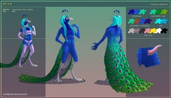 anthro armwear avian balls beak bird blue_feathers blue_hair braided_hair choker claws clothed clothing collage crossdressing digitigrade elbow_gloves feathers girly gloves green_feathers hair hand_on_hip legwear long_hair long_tail male model_sheet nude panties peafowl penis sheathe solo tapering_penis thigh_highs underwear valravnconcorde yellow_eyes