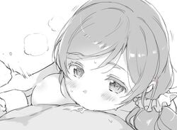 1boy blush deyuuku female greyscale handjob heavy_breathing long_hair looking_at_viewer love_live! love_live!_school_idol_project monochrome nipples pov saliva straight sucking_male_nipple sweat toujou_nozomi twintails