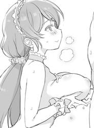 1boy blush breast_lift breasts choker cum cum_on_body cum_on_breasts cum_on_upper_body deyuuku earrings female frilled_gloves frills from_side gloves greyscale hair_ornament hair_scrunchie hairband jewelry large_breasts long_hair love_live! love_live!_school_idol_project monochrome nipples out_of_frame paizuri scrunchie smile straight sweat toujou_nozomi twintails