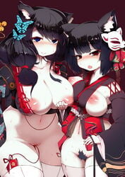 animal_humanoid arthropod azur_lane big_breasts blue_eyes bottomless breasts butterfly butterfly_hair_ornament clothed clothing duo female fox_humanoid humanoid insects kitsune_mask pussy_juice red_eyes slightly_chubby yamashiro_(azur_lane) しくにきわ