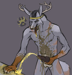 animal_genitalia animal_penis anthro antlers balls canine_penis drinking drinking_urine erection hazardouskink horn knot looking_at_viewer male male_only nude open_mouth peeing penis species_request tongue tongue_out urine urine_pool watersports