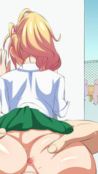 against_wall anus ass ass_grab bench bent_over blonde_hair bottomless female from_behind green_skirt gyaru hajimete_no_gal high_ponytail highres implied_sex long_hair no_panties okojo_no_machi out_of_frame outdoors ponytail pov public school_uniform shirt sitting skirt skirt_lift solo_focus spread_anus standing vaginal_penetration wall white_shirt yame_yukana