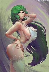 1girls 2d apron arched_back artist_name ass big_breasts breasts cleavage curvy cutesexyrobutts female female_only goddess green_eyes green_hair hair huge_breasts kid_icarus large_breasts long_hair naked_apron nintendo no_bra palutena panties pawg sideboob solo thick_thighs thighhighs thighs thong video_games voluptuous watermark