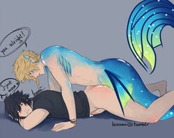 2boys anal anal_sex ass basset_hound_position black_shirt blonde_hair cum doggy_style duo english_text fictional_interracial final_fantasy final_fantasy_xv gills hair human izuumii male male/male male_on_male male_only mammal marine merfolk merman noctis_lucis_caelum penis pointy_ears prompto_argentum sex sketch speech_bubble text yaoi