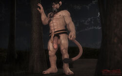 3d 5_fingers abs anthro balls beard big_balls big_feet big_penis circumcised darkviperbara facial_hair feline green_eyes hirsute leather_harness lion male mammal mane muscular muscular_male night nipples outside penis pubes rope solo standing tattoo thick_penis tree