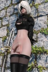 1futa 3d blindfold brick_wall dickgirl foreskin futa_only futanari intersex moss nature nier nier:_automata partially_clothed penis snow_kitsune solo sword thighhighs uncut white_hair yorha_2b