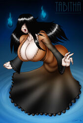 1girls bimbo black_hair breasts busty clavicle cleavage dress evil-rick female female_only ghost_girl hair_over_eyes huge_breasts long_hair monster_girl robe robes sleeves_past_wrists solo tabitha_(evil-rick) voluptuous will-o-wisp