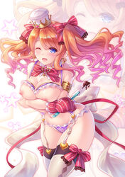 alice_(sennen_sensou_aigis) alternate_costume areolae armband blush bow bra breast_hold breasts breasts_out buckle chocolate cleavage commentary_request crown cupless_bra earrings female flowing_hair garter_straps hair_ribbon hat heart heart_earrings heart_shape jewelry lace lace_bra lace_panties lace_ribbon leaning_forward legs_together lingerie long_hair looking_at_viewer makirin mini_crown mittens navel neck_ribbon nipples one_eye_closed open_mouth orange_hair panties purple_bra purple_eyes purple_panties red_ribbon ribbon sennen_sensou_aigis smile spatula standing star starry_background stockings striped striped_ribbon thigh_ribbon thighhighs twintails underwear valentine white_ribbon