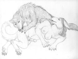 anthro arania balls breasts canine clawscouple_(disambiguation) erection female licking licking_lips male mammal nipples nude open_mouth penis pointy_ears sketch smile tongue tongue_out transformation were werewolf wolf