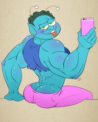 1boy alien ass big_ass blue_skin blush cartoon_network closed_mouth dat_ass green_eyes green_hair looking_at_viewer looking_back male male_only muscles ok_k.o.!_let's_be_heroes phone radicles shiny_skin solo solo_focus tongue_out