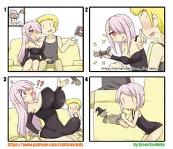 !? 1boy 2girls 4koma :d :q absurdres anal anal_object_insertion artist_name ass bangs bare_arms bare_shoulders black_dress black_hat black_sleeves black_tank_top blonde_hair blush breasts brown_pants cleavage closed_mouth collarbone comedy comic commentary_request couch covered_nipples detached_sleeves dress eggplant eyebrows_visible_through_hair female finger_to_another's_nose funny greenteaneko hair_over_one_eye hand_on_another's_shoulder hand_on_own_cheek hat head_tilt highres holding humor large_breasts leaning_forward leash lightning_bolt long_hair long_sleeves male middle_finger mongirl_4koma mother_and_daughter multiple_girls nose_blush nude object_insertion on_couch open_mouth original pants photo_(object) pink_hair pointy_ears red_eyes remote_transfer sitting sleeveless sleeveless_dress smile stomach_bulge strapless strapless_dress sweat tank_top tears tongue tongue_out v-shaped_eyebrows very_long_hair voodoo voodoo_doll watermark web_address witch witch_hat |_|