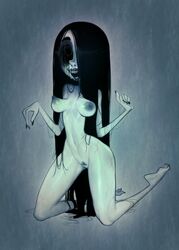 2019 abstract_background areola black_hair black_lips black_nails body_horror colored_nails cone_breasts derek_hetrick erect_nipples female ghost hair hair_over_eye hi_res hollow_eyes humanoid kneeling long_hair monstrous_humanoid nails navel nipples nude open_mouth pubes pussy sharp_teeth smile soles solo spirit symbol teeth vein yu_(derek_hetrick)