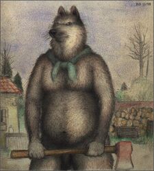 1990s 1998 20th_century anthro axe balls bd belly black_nose border canine casual_nudity deep_navel flaccid fur grey_border male male_only mammal melee_weapon mostly_nude navel outside penis serious slightly_chubby solo traditional_media_(artwork) weapon whiskers