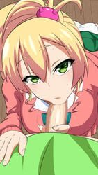 1boy 1girls :>= blonde_hair breasts censored fellatio female floor from_above green_eyes green_shirt green_skirt gyaru hair_between_eyes hajimete_no_gal high_ponytail highres indoors kneeling large_breasts long_hair looking_at_viewer male_pov mosaic_censoring okojo_no_machi oral panties penis ponytail pov red_clothes saliva shirt skirt skirt_lift solo_focus standing underwear yame_yukana