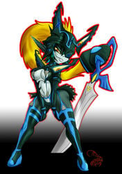 1girls armor breasts cicada cleavage cosplay costume crossover female fused_shadow garter_straps gloves hair_hand imp imp_midna kill_la_kill master_sword matoi_ryuuko_(cosplay) midna nintendo prehensile_hair pussy scissor_blade senketsu skimpy skirt sling_bikini sword the_legend_of_zelda thighhighs twilight_princess voluptuous weapon