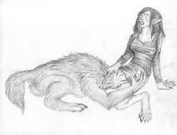 anthro arania ass butt_grab canine claws clothing female hand_on_butt human licking male mammal nipple_bulge open_mouth pointy_ears sketch skirt smile spread_legs spreading tongue tongue_out transformation were werewolf wolf