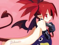 1girls :p demon_girl demon_tail demon_wings disgaea disgaea_1 elbow_gloves etna flat_chest nipples nippon_ichi_software nude pointy_ears prinny red_eyes red_hair side_glance skull_earrings tongue_out twintails