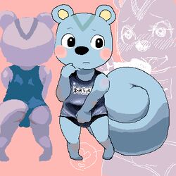 1male 2=8 animal_crossing anthro ass big_tail blue_body blue_fur blush color filbert_(animal_crossing) heart japanese_text lowres nintendo oral penis pixel_art pixelated solo straight_hair swimsuit underwear year_request