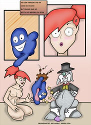 1girls 2boys :o balls big_penis bloo blush cartoon_network comic drunkenartist english_text erection eyelashes female flaccid foster's_home_for_imaginary_friends frankie_foster human humor kneeling male mr._herriman nude penis smile testicles text