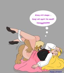 1girls blonde_hair closed_eyes clothed_sex clothing disney dress female female_focus flats footwear fur gurgi interspecies monster_rape panties panze princess_eilonwy rape raped_royalty sex shoes sleep_molestation sleeping speech_bubble the_black_cauldron