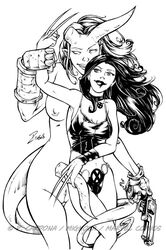 crossover dark_horse demon_horns demon_tail demoness genderswap_(mtf) hellboy hellboy_(series) male_to_female marvel monochrome rule_63 straight_hair x-23 x-men