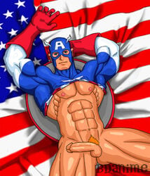 1boy abs american_flag armpits bara bdanime biceps blue_eyes bodybuilder bottomless captain_america captain_america's_shield erect_nipples exposed_nipples flaccid_penis gloves hand_behind_head human legs_held_open lying_on_back male_nipples male_only marvel mask muscle muscles muscular_armpits pecs penis pubic_hair serratus_anterior shirt_up solo steve_rogers testicles uncensored veiny_penis