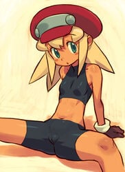 1girls arm_support bare_shoulders belly bike_shorts blonde_hair blue_eyes cameltoe capcom cleft_of_venus color cute female female_only gloves green_eyes hair hat headgear ishikawa_hideki latex looking_at_viewer mega_man mega_man_legends midriff navel official_art official_style petite roll_caskett sitting skin_tight skintight_clothing sleeveless sleeveless_turtleneck solo solo_female spandex spats spread_legs tan teen thighs tomboy tummy turtleneck young young_female