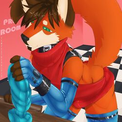 2017 anthro armwear black_nose brown_fur brown_hair canine clothed clothing collar dildo dipstick_tail fox fur girly green_eyes hair hi_res legwear liam_(tempestus_vulpis) male mammal markings multicolored_fur multicolored_tail orange_fur rubber sex_toy shiny simple_background solo sweater tempestus_vulpis text virgin_killer_sweater wrist_cuff