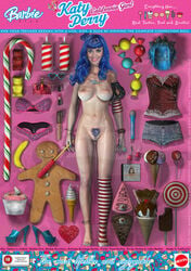 1girls barbie_(franchise) blacksheepart blue_hair breasts caucasian caucasian_female celebrity curvy doll figure gingerbread_man heart hips inverted_nipples katy_perry makeup musician plastic pubic_hair pussy real_person sex_doll sex_toy solo solo_female vagina