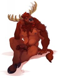 2019 anthro antlers arm_support ball_tuft balls biceps blizzard_entertainment bovid bovine braided_hair brown_body brown_fur brown_hair chest_fur dragonasis erection facial_hair fur green_eyes grin hair hi_res highmountain_tauren hooves horn humanoid_penis male male_only mammal medial_ring musclegut muscular muscular_male nipples nude pecs penis pubes quads simple_background sitting smile solo tauren teeth triceps tuft video_games warcraft wraps