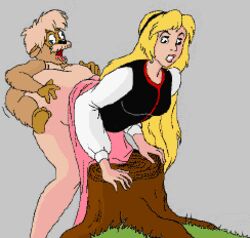 animated clothed_sex clothing disney doggy_style dress female gurgi human interspecies lowres male princess_eilonwy sex size_difference the_black_cauldron