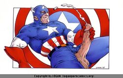 1boy abs avengers balls beating_off biceps big_penis captain_america captain_america's_shield cumshot ejaculation holding_penis huge_penis large_balls logan_(artist) male male_only marvel mask masturbation muscles orgasm_face pants_open pecs penis_out smooth_skin solo steve_rogers testicles uncensored veiny_penis